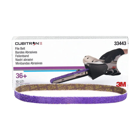 Cubitron II File Belts 36 Plus Grit Half Inch By 18 Inch Pack Of 10 Resin Bonded for spot weld removal and metal deburring
