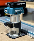 Killer Precision Router Guide Rail Adapter For Makita Tools mounted on a Makita router with onboard rail stop for accurate cuts.