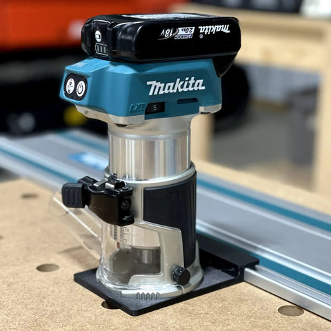 Killer Precision Router Guide Rail Adapter For Makita Tools mounted on a Makita router with onboard rail stop for accurate cuts.