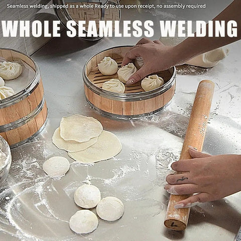 Heavy Duty Stainless Steel Prep Table With Smooth Slide Storage Cabinet, Commercial Kitchen Workbench Built Tough For Restaurants Hotels And Garages, No Fuss Cleaning Surface, 180X80Cm with rolled dough and bamboo steamers.