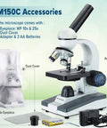 Cordless All Metal Student Microscope With 40X-1000X LED Illumination, accessories including eyepieces, adapter, batteries.