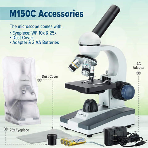 Cordless All Metal Student Microscope With 40X-1000X LED Illumination, accessories including eyepieces, adapter, batteries.