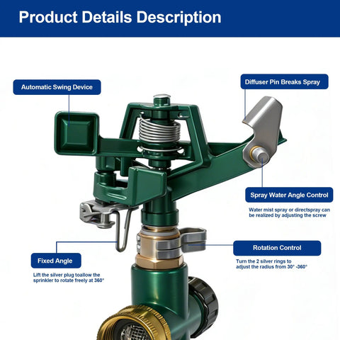 Close-up of a Two Pack Impact Sprinklers For Yard With Adjustable Pulsating Spray, Step Spike Lawn Sprinkler Built From Zinc Alloy, 360 Degree Coverage For Large Patios And Gardens, Durable Outdoor Irrigation System showing spray water angle control.