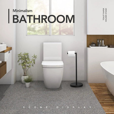 Minimalist bathroom with Matte Black Freestanding Toilet Paper Holder Stand For Bathroom With Dope 304 Stainless Steel Rustproof Pedestal