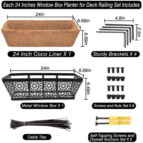 Heavy Duty 24 Inch Metal Planter Boxes For Windowsill And Balcony Railings With Coco Coir Liners 2 Pack Rustproof Powder Coated Finish