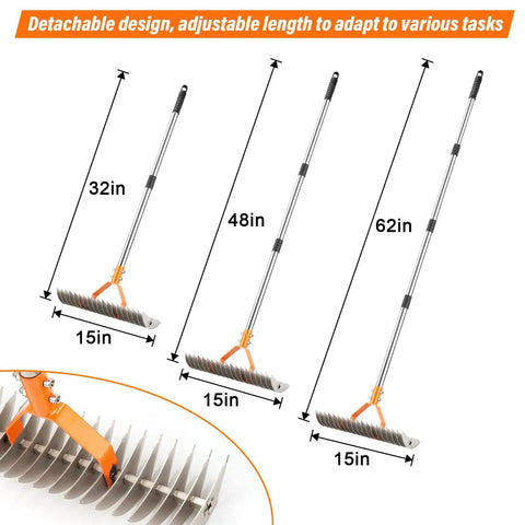 62 Inch Adjustable Thatch Rake With 19 Tines Nickel Steel For Lawn Dethatching And Soil Aeration, telescopic handle 32-62 inches.