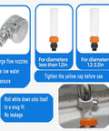Chrome sink hose attachment with spray head and orange adapters for different hose diameters; installed on faucet.
