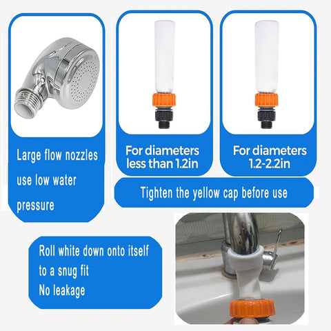Chrome sink hose attachment with spray head and orange adapters for different hose diameters; installed on faucet.