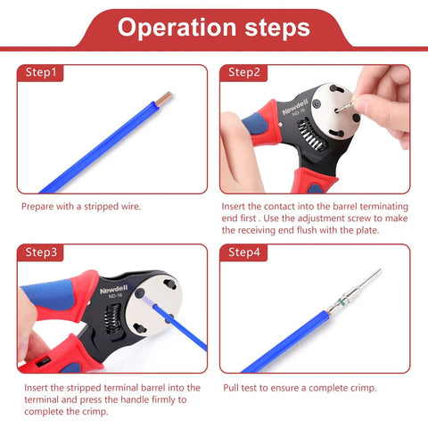 Operation steps for Deutsch DT Series Pin And Socket Connector Kit with 16 gauge contacts and crimp tool instructions.