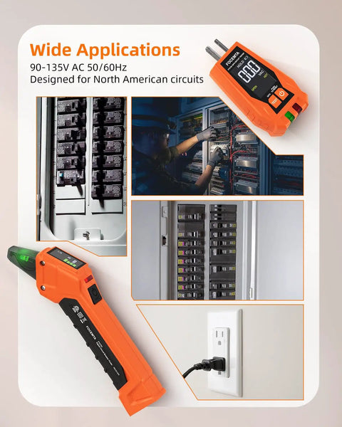 One Stop Electrical Tester Kit With Circuit Breaker Finder GFCI Outlet Tester And Digital LCD Display 90 To 135V Tracer Tool for electricians and DIY pros in use.