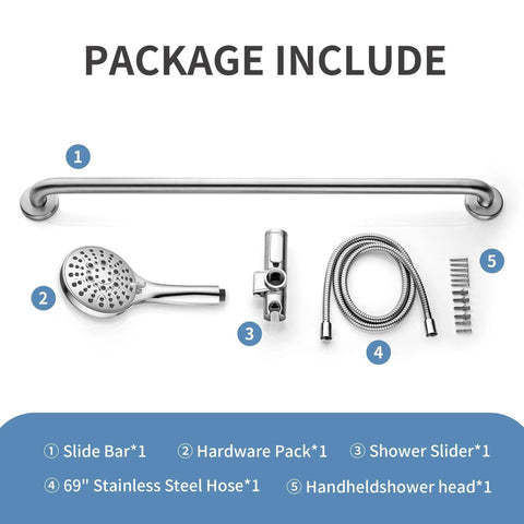 Stainless Steel Shower Grab Bar Set With Handheld Shower Head And Extra Long Hose Chrome Plated Durable Safe Mount components