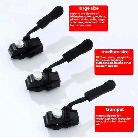 Zipper Repair Kit With 3 Different Sizes Replacement Zipper Heads And Quick Install Detachable Pulls No Sewing Needed Universal Fit For Jackets Luggage Bags Backpacks And More shown in three sizes