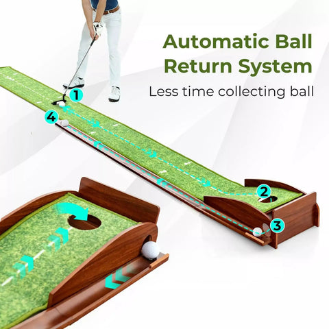 Person using Indoor Golf Putting Mat With Putter And Five Practice Balls Auto Ball Return Velvet Surface For Home Office
