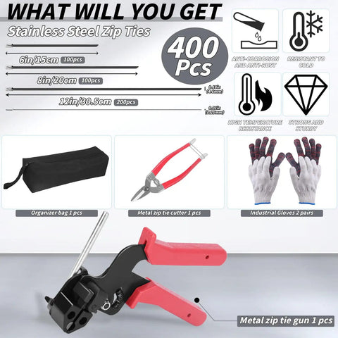 Heavy Duty Metal Zip Ties Kit With Gun Tool And Cutter 400 Pieces Of 6 8 And 12 Inch Self Locking Cable Ties with extras