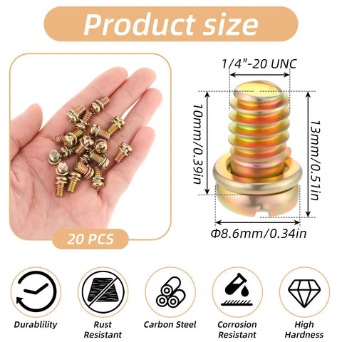 Rock Solid Copper Finished Ceiling Fan Blade Screws 20 Piece Set Of Heavy Duty Carbon Steel Phillips Bolts in hand, showing size and details.