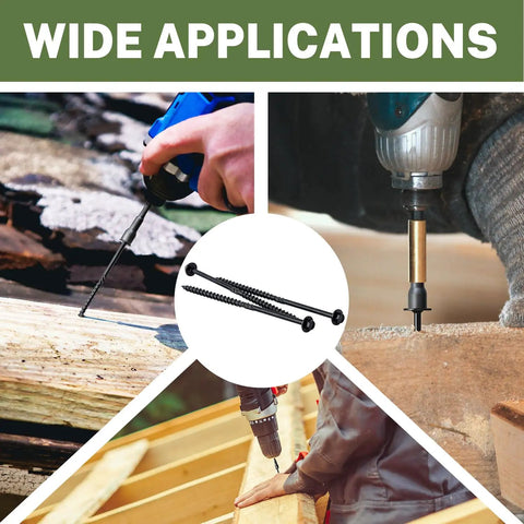 Heavy Duty Timber Screws Six Inch Structural Lag Bolts With Hex Washer Head And Knurled Shank For No Sweat Installs and Rock Solid Wood Framing image showing various applications.