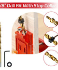 Heavy Duty Aluminum Adjustable Pocket Hole Jig Kit With Laser Engraved Inch And Metric Scales For Dead Nuts Drilling Accuracy And No Sweat Cabinet Making Workflow - 3/8" drill bit with stop collar shown in use.