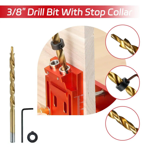 Heavy Duty Aluminum Adjustable Pocket Hole Jig Kit With Laser Engraved Inch And Metric Scales For Dead Nuts Drilling Accuracy And No Sweat Cabinet Making Workflow - 3/8" drill bit with stop collar shown in use.