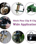 75 Pcs Hitch Pin Clips R Clips Set With 6 Sizes M1.2x21 M1.5x28 M1.8x32 M2x40 M2x45 M2.5x50 Heavy Duty Zinc Plated Retainer Pins Hair Pins For Hitch Pin Lock System Garage Trucks And Small Engine Repair with visual applications for various equipment.
