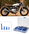 Aluminum Motorcycle Fairing Screw Kit with 177 pieces M5 and M6 bolts and M6 washer set in plastic case near sportbike