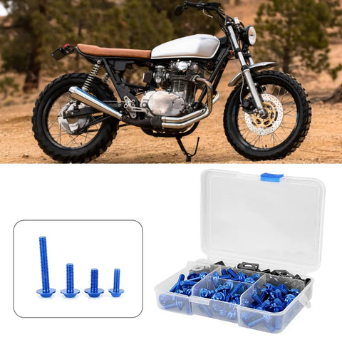 Aluminum Motorcycle Fairing Screw Kit with 177 pieces M5 and M6 bolts and M6 washer set in plastic case near sportbike