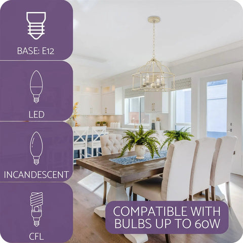 French Country 4 Light Chandelier With Adjustable Hanging Height In Sunbleached Oak Finish for dining room with bulb types shown