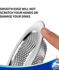 Close-up of stainless steel kitchen sink strainer with smooth edge, part of a 3-pack drain filter set with high-density mesh.
