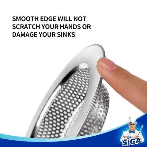 Close-up of stainless steel kitchen sink strainer with smooth edge, part of a 3-pack drain filter set with high-density mesh.