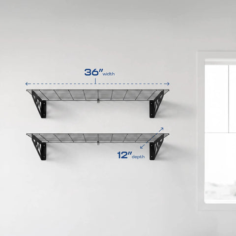 Garage Wall Shelf Two-Pack, Heavy-Duty Steel With Powder-Coated Finish, 36-inch width, black shelf with 12-inch depth view