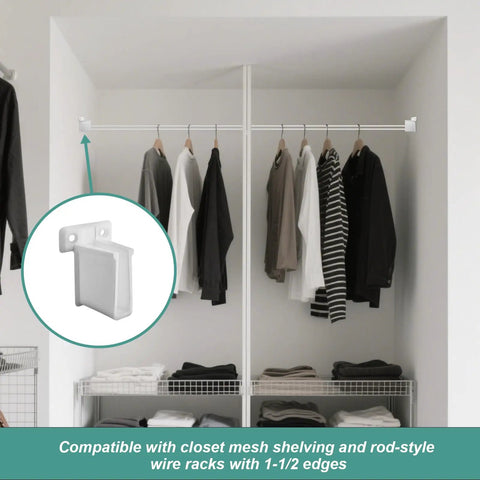 Four Pack Wire Shelf End Brackets For Heavy Duty Closet Shelves White Plastic Rod And Wall Shelf Supports With Screws U Shaped Design To Secure Wire Mesh Shelving And Round Rod Racks installed on closet rod