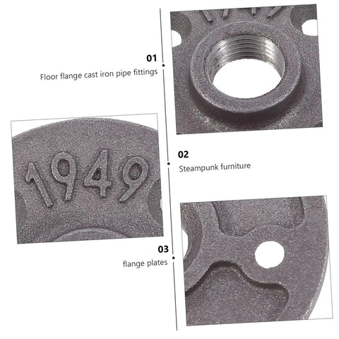 Close-up of Four Piece Malleable Iron Floor Flange Fittings for Furniture Shelving Decor Industrial Style