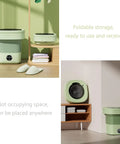 Ridiculously Compact Ten Liter Foldable Mini Washing Machine in green, demonstrating foldable storage for small spaces.