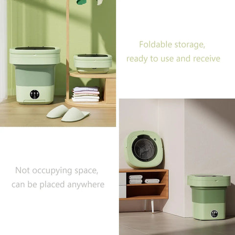 Ridiculously Compact Ten Liter Foldable Mini Washing Machine in green, demonstrating foldable storage for small spaces.