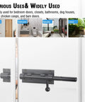 Kickass Heavy Duty Slide Bolt Gate Latch, Solid Stainless Steel Security Bolt Locks For Fences Backyards Garage Doors Cupboards And Windows, 7.8 Inch Black Double Pack mounted on various doors.