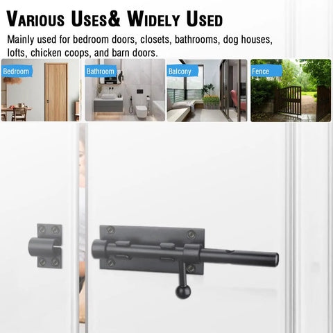 Kickass Heavy Duty Slide Bolt Gate Latch, Solid Stainless Steel Security Bolt Locks For Fences Backyards Garage Doors Cupboards And Windows, 7.8 Inch Black Double Pack mounted on various doors.
