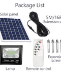 Tough As Nails Solar Powered Outdoor Security Lights With Remote Control includes solar panel, extension cord, lamp, remote, and screws.