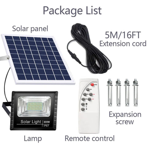 Tough As Nails Solar Powered Outdoor Security Lights With Remote Control includes solar panel, extension cord, lamp, remote, and screws.