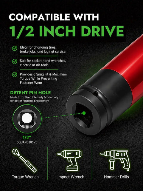 Heavy Duty 1/2 Inch Drive Lug Nut Socket Set With Ultra Thin Wall Design For Easy Access Narrow Wheels, Bright Color Coded Sleeves, Made From Cr-Mo Steel, Fits Most Sedans Trucks And Suv Cars Perfectly. 1/2-inch drive socket shown with impact wrench use