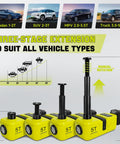 Diagram showing Cordless 5 Ton Hydraulic Floor Jack With 220W Motor LED Light And Remote for various vehicle types.