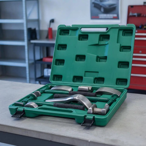 Sheet Metal Repair Tool Kit With Ergonomic Grips For Auto Body Dent Removal And Panel Beating Portable Hand Tools For Hobbyists And Pros Alike Durable Non Slip Hammer Set For Dings And Creases, green case open