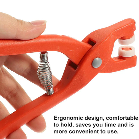 Snap Button Installation Tool Kit With Storage Box For Press Fasteners, Pro-Grade Five-Claw Snap Plier Set With Open-Ring Snaps, Easy Repairs For Garments, Jeans, And Bags, DIY Sewing Kit, Heavy-Duty, Safe And Reliable. Orange plastic snap plier with spring handle and snap heads.