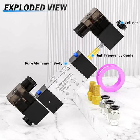 Exploded view of Heavy Duty Beefy Pneumatic Solenoid Valve 4V220-08 DC24V Double Coil Pilot Operated 2 Position 5 Way Electric Valve.