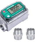 Three Quarter Inch Digital Turbine Flow Meter For Diesel Gas Oil Gasoline And Other Liquids Inline NPT Male Fitting 0.8 To 13.2 GPM Range Accuracy Within One Percent Built Tough Pro Grade Inline Fuel Monitoring Meter For Industrial Use showing display and fittings