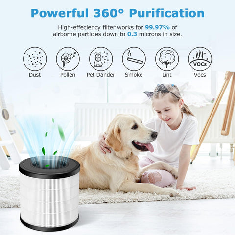 Child with dog beside air purifier demonstrating 3-In-1 Replacement Filter For FULMINARE PU-P05 And Purivortex AC201B Air Purifiers, Captures Dust Smoke Pollen, Easy Swap, Includes 2 Pack, Not For T10, Long-Lasting Filtration.