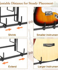 Adjustable Vintage Brown Guitar Amp Stand With Double Rack For Acoustic Electric Bass And Ukulele Storage Holder featuring versatile hooks.