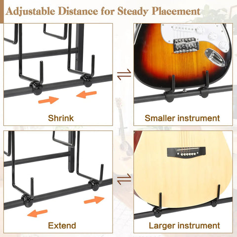 Adjustable Vintage Brown Guitar Amp Stand With Double Rack For Acoustic Electric Bass And Ukulele Storage Holder featuring versatile hooks.