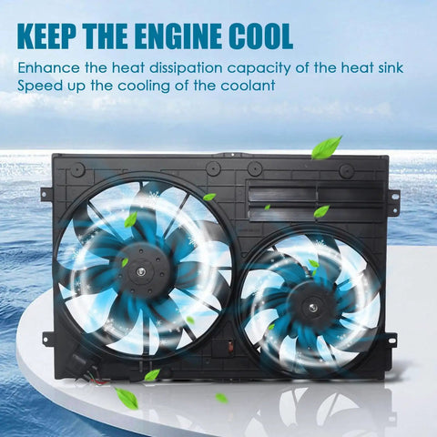 Premium Engine Radiator Cooling Fan Assembly Fits Audi A3 VW Jetta GTI Passat Beetle Tiguan showing dual fan blades.