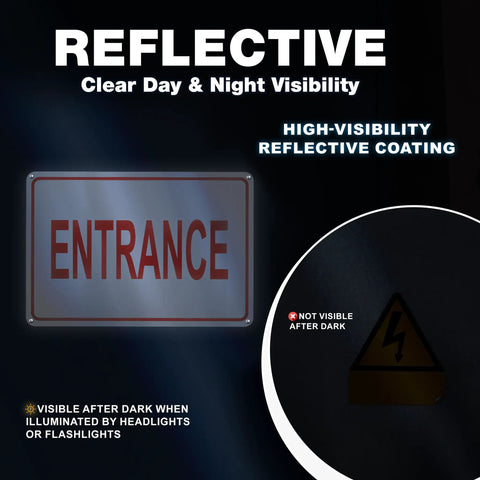 Clear Reflective Entrance Sign For Businesses, 8x12 Inch Rust Free Aluminum, Enter Here, Pre Drilled For Easy Mount, Weatherproof UV Protected Outdoor Sign That Grabs Attention And Directs Guests To The Correct Entry Point.