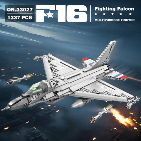 F-16 Fighter Jet Building Set With 1377 Pieces flying with retractable landing gear and multi missile mount system.