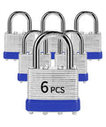 Six keyed alike laminated heavy duty padlocks, 40mm wide body with hardened shackles, ideal for lockers and tool boxes.